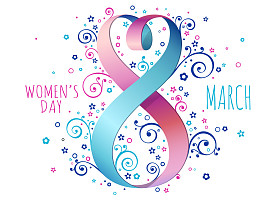 3 月 8 日，女人的一天。心与丝带矢量贺卡