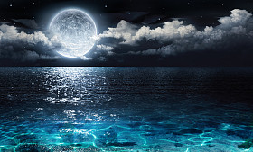 浪漫和景区全景与日海到夜晚的满月