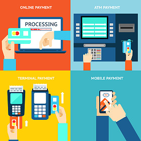 付款方法。现金、 信用卡、 Atm 终端、 移动应用程序