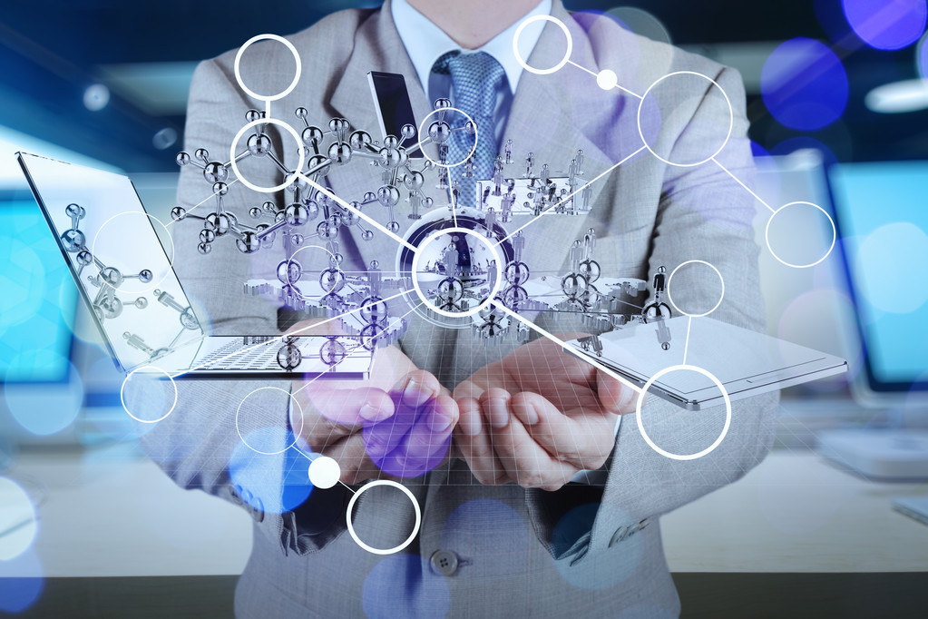 二次曝光的商人作为概念表明现代技术