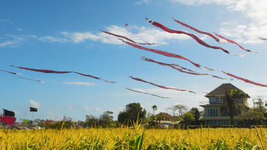 巨大的風(fēng)箏在藍(lán)藍(lán)的天空中長(zhǎng)款條紋的尾巴