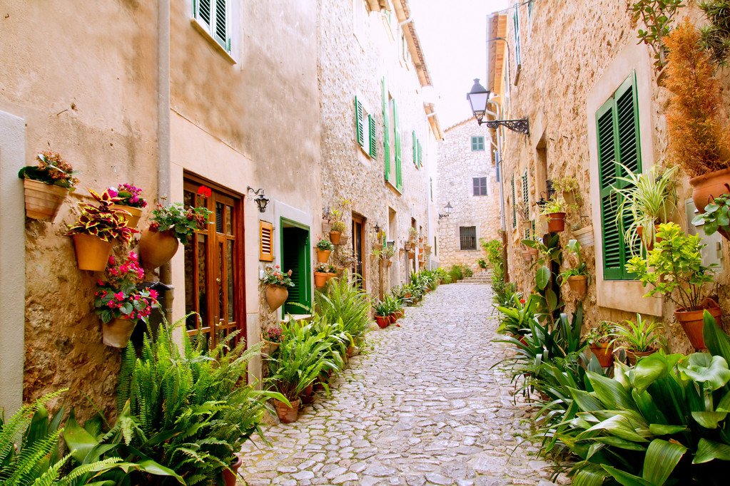 马略卡岛 valldemossa 典型的外立面花盆 马略卡岛 valldemossa 典型的外立面花盆