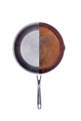 闪亮新和旧腐蚀生锈的油炸锅图片