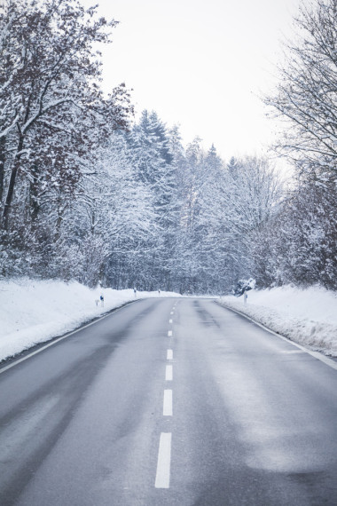 寒冷的冬天路與妙白色雪覆蓋森林樹木