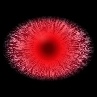猛禽饑餓的眼睛與大瞳孔和明亮的紅色視網(wǎng)膜的背景。暗紅色的眼睛虹膜周?chē)?，眼燈泡到詳?xì)信息視圖