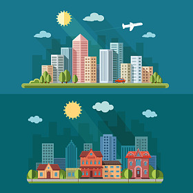 城市景观的插图集。大城市，都市街头