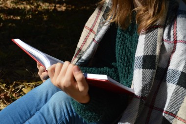 年輕、 漂亮的女孩裹在溫暖的格子毛毯，喝熱茶和讀一本書在公園