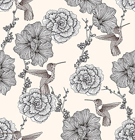 无缝模式与花和鸟。花卉背景