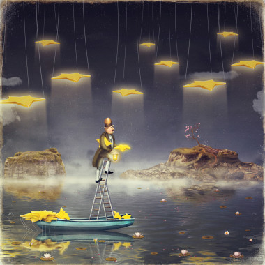 摘星的高的梯子顶端的人图片