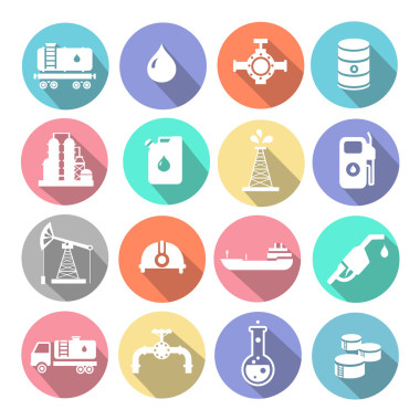 石油行業(yè)鉆井精煉過程石油運(yùn)輸圖標(biāo)設(shè)置與卡車油輪和泵平孤立的圖