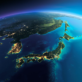 详细的地球。日本和韩国