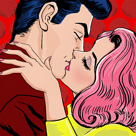 波普艺术接吻 Couple.Love 波普艺术插图的接吻 Couple.Pop 艺术爱。情人节明信片。好莱坞电影里的场景。真正的爱。第一次接吻。电影海报。漫画书的爱。漫画的第一个吻