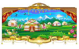 村庄，村庄，蒙古包、 马、 天空、 山脉、 草原、 字段，人住在蒙古包