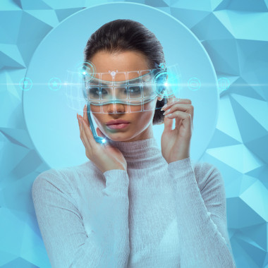 未來(lái)派的女商人穿著虛擬眼鏡圖片