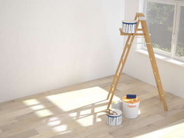 墻上繪畫在梯子在裝修的房間里。3d 渲染