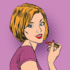 美丽的女孩描绘她的嘴唇的红色唇膏波普艺术漫画复古