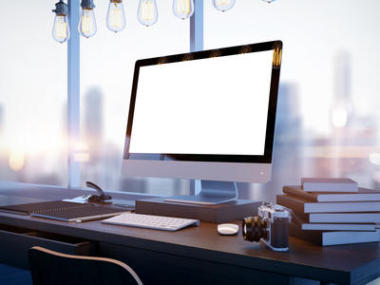 模擬的通用設(shè)計(jì)計(jì)算機(jī)屏幕和模糊的城市。3d 渲染