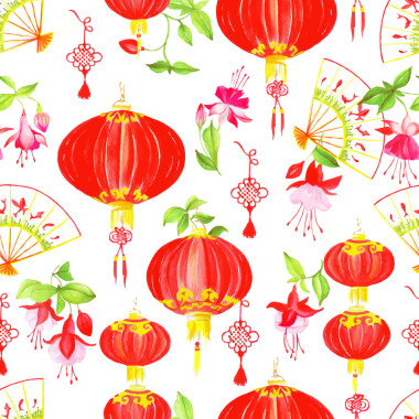 東方的文化對(duì)象水彩無(wú)縫矢量模式