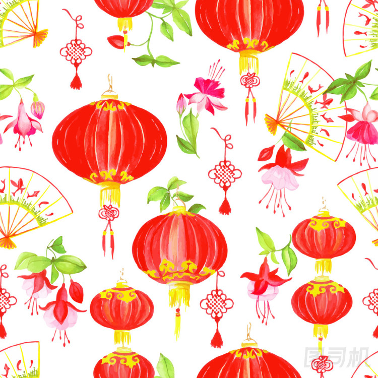 東方的文化對(duì)象水彩無縫矢量模式