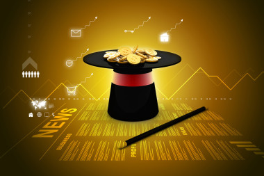 數(shù)碼插畫的魔術(shù)帽和魔杖與美元硬