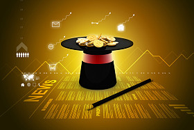 数码插画的魔术帽和魔杖与美元硬