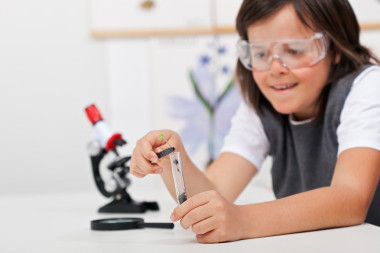 年輕的男孩研究植物在生物課圖片