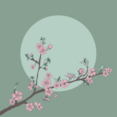 在背景上的月亮的櫻花分支。年份