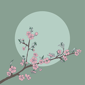在背景上的月亮的樱花分支。年份