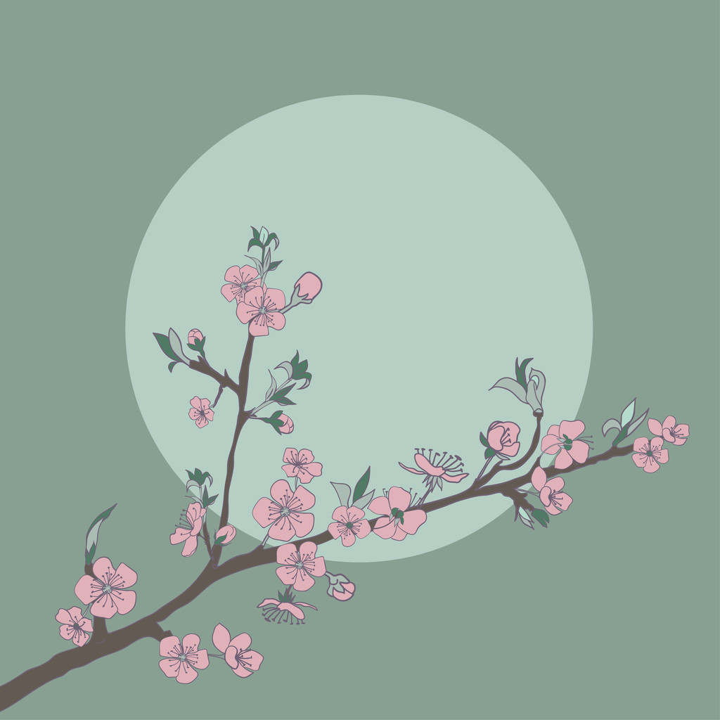 在背景上的月亮的樱花分支。年份