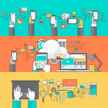 組的網(wǎng)站和應用程序的發(fā)展，移動的彩色線橫幅和 web 服務