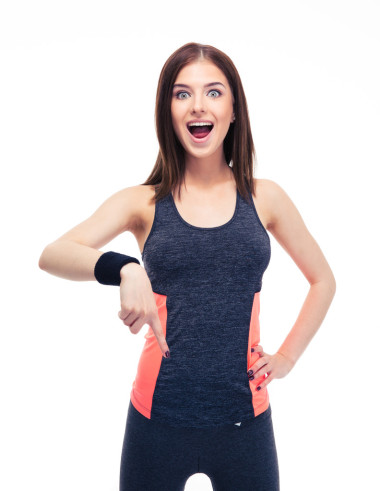 驚訝的健身女人手指下來圖片