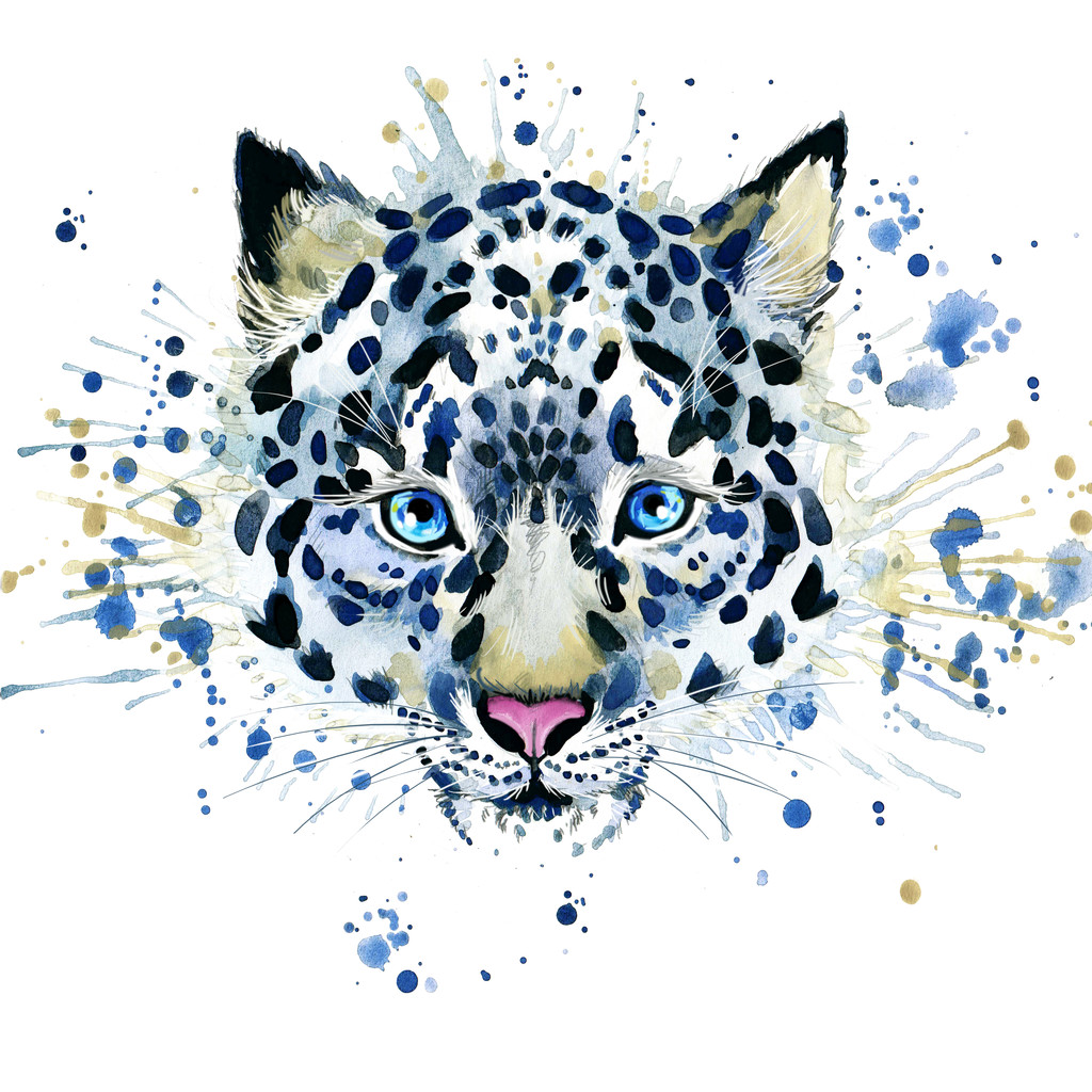 T 恤图形可爱雪豹,插画水彩 T 恤图形可爱雪豹,插画水彩