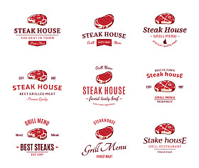 烤牛排徽标、 标签，和设计元素。牛排烧烤和烤牛排餐厅标签