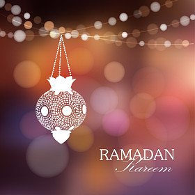 照明阿拉伯文灯与灯，斋月矢量背景