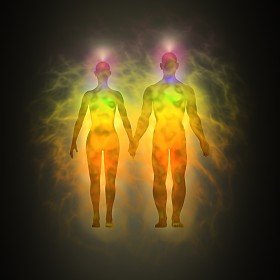 女人和男人的能量体、 灵气、 脉轮、 能源、 剪影