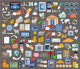 一套网上银行、 在线支付、 移动支付和银行电汇平面设计图标