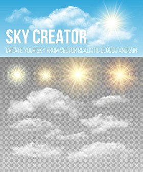 天空的创造者。设置现实的云彩和太阳。矢量图