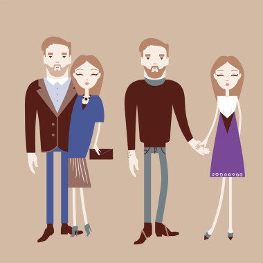 男人和女人手牽著手。時尚夫婦向量說明