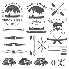 一套皮艇和独木舟的标志徽章和设计元素