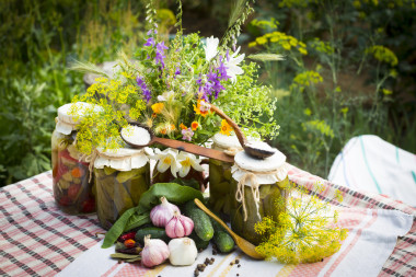 Banks and pickled vegetables - cucumbers, tomatoes, zucchini and spices
