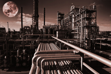 在晚上的石油和天然气精炼厂图片