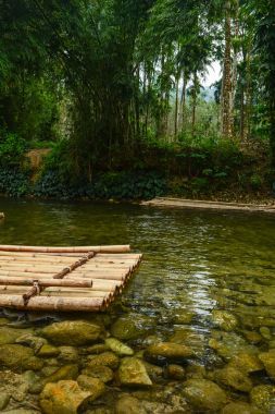 竹筏漂浮在平靜的山區(qū)河流上照片
