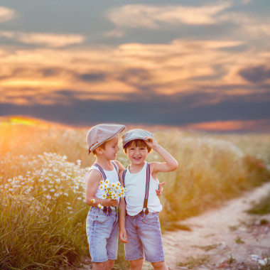 兩個(gè)漂亮的小孩，男孩，兄弟在黛西場