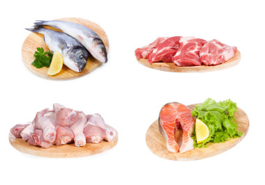 设置与不同原料鱼、 鸡和肉照片