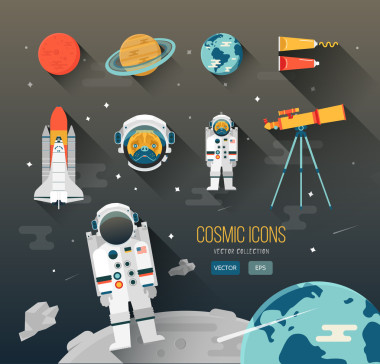 矢量平教育空間插畫。太陽系的行星。宇航員的太空計劃?？蓯鄣慕巧?，帕格。太空梭。望遠鏡。太空食品?；鹦牵列?，地球?？臻g圖標設計