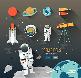 矢量平教育空间插画。太阳系的行星。宇航员的太空计划。可爱的角色，帕格。太空梭。望远镜。太空食品。火星，土星，地球。空间图标设计