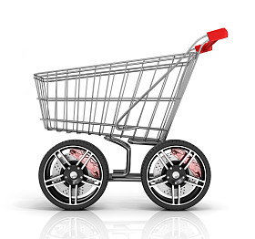 与大车轮在白色背景上的购物车。快速 s