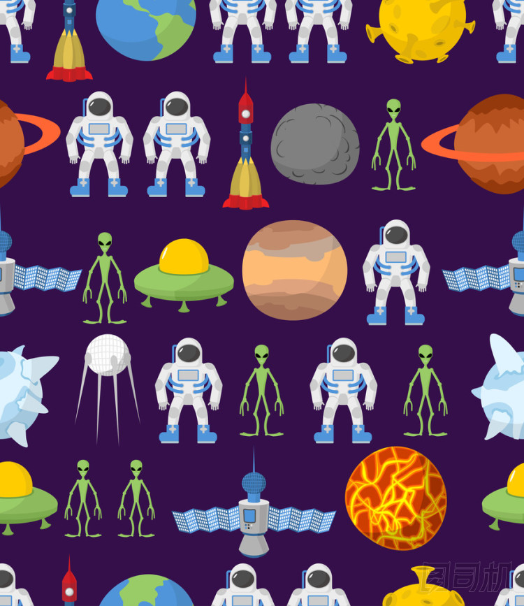宇宙无缝背景点缀宇宙飞船火箭和不明飞行物