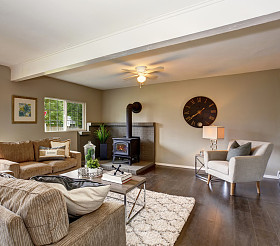 现代的客厅的壁炉和毛茸茸的地毯