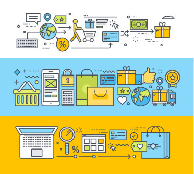 在線購(gòu)物、 電子商務(wù)、 電子商務(wù)的細(xì)線平面設(shè)計(jì)概念集